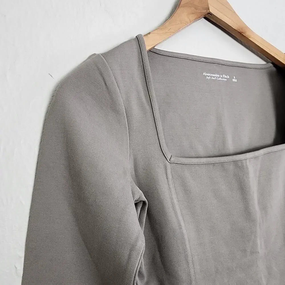 Abercrombie & Fitch Square Neck Long Sleeve Bodysuit NWT Taupe Gray Small